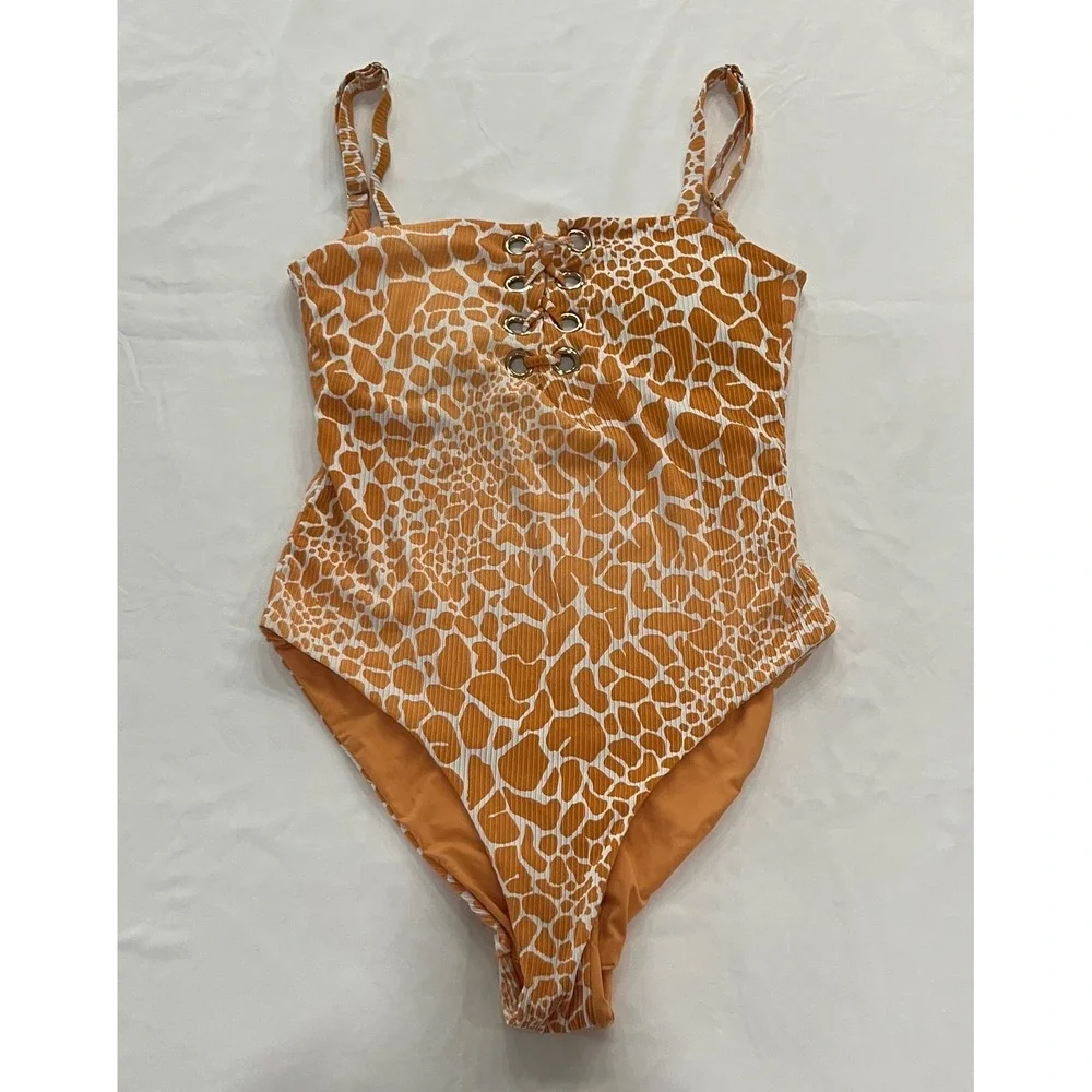 Tinibikini Orange‎ Giraffe Ribbed Lace Up One Piece Swimsuit Medium RN 151671